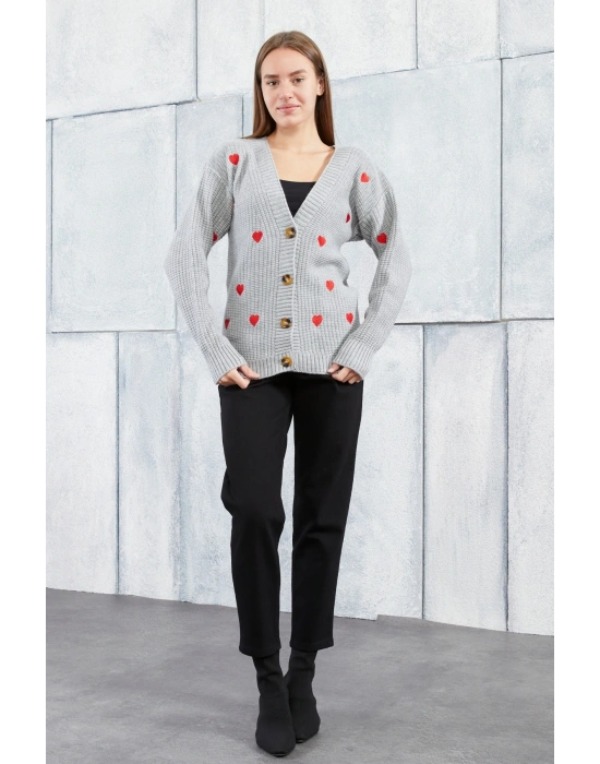 Lugmo Kadın Triko Hırka Kalpli Standart Beden Gri