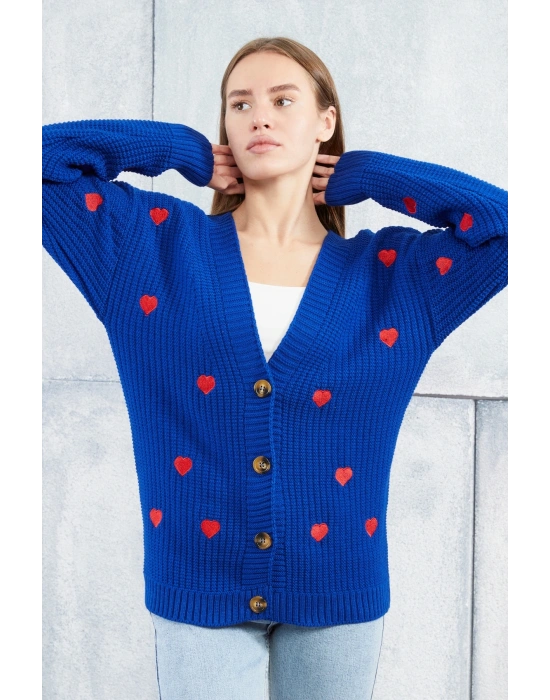 Lugmo Kadın Triko Hırka Kalpli Standart Beden Saks