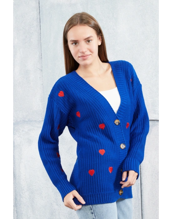 Lugmo Kadın Triko Hırka Kalpli Standart Beden Saks