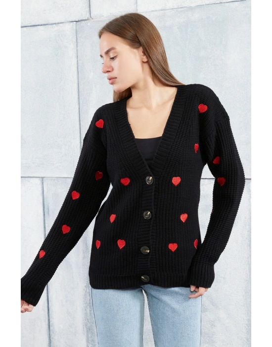 Lugmo Kadın Triko Hırka Kalpli Standart Beden Siyah