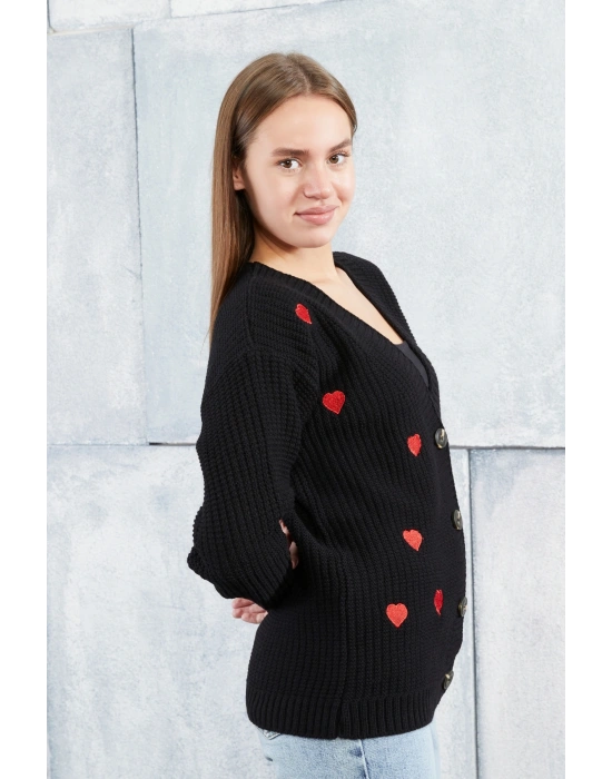 Lugmo Kadın Triko Hırka Kalpli Standart Beden Siyah