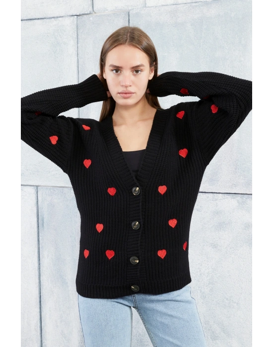 Lugmo Kadın Triko Hırka Kalpli Standart Beden Siyah