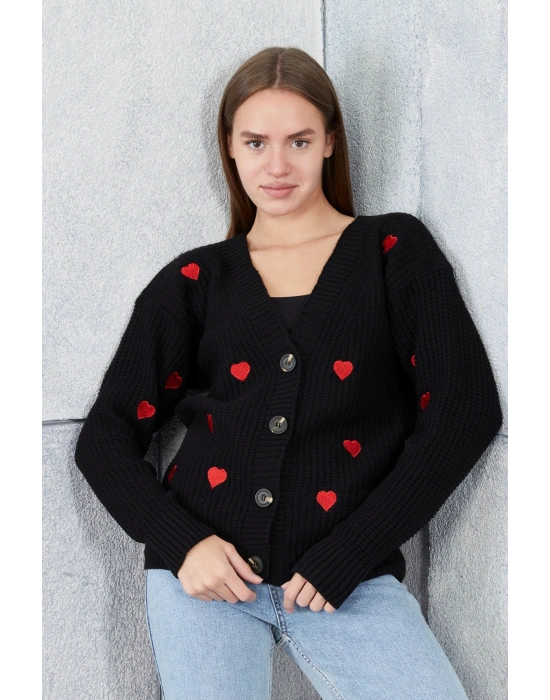 Lugmo Kadın Triko Hırka Kalpli Standart Beden Siyah