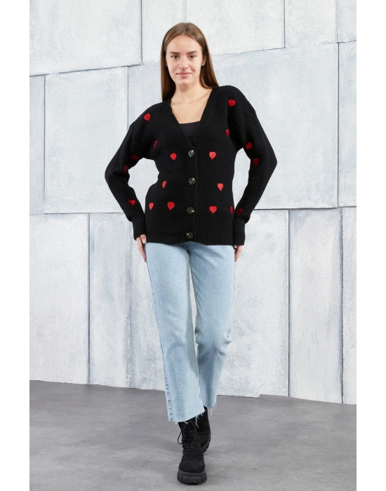 Lugmo Kadın Triko Hırka Kalpli Standart Beden Siyah