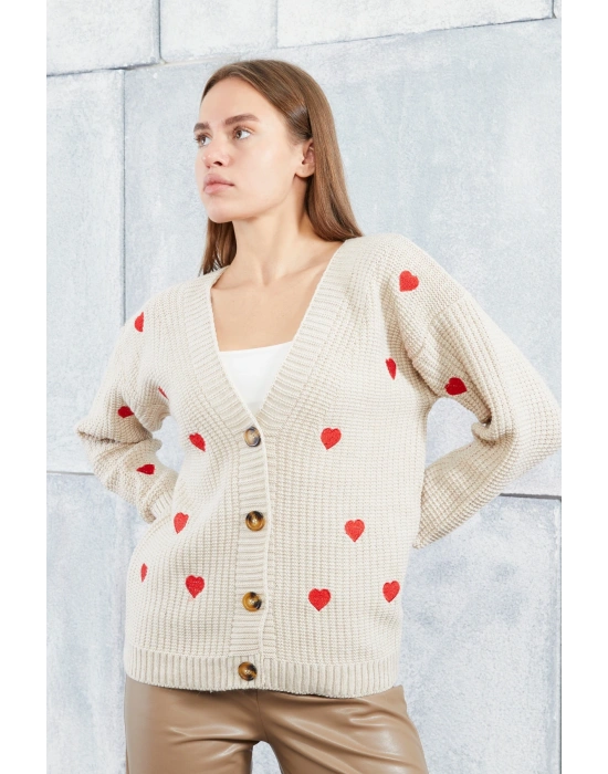 Lugmo Kadın Triko Hırka Kalpli Standart Beden Taş