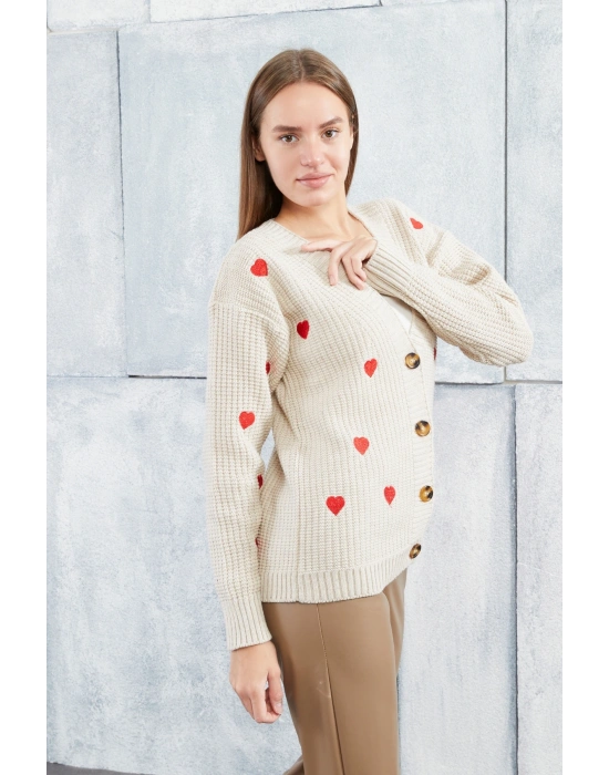 Lugmo Kadın Triko Hırka Kalpli Standart Beden Taş