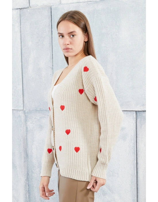 Lugmo Kadın Triko Hırka Kalpli Standart Beden Taş