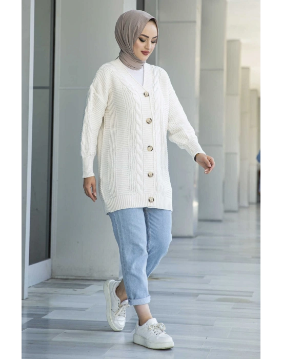 Lugmo Kadın Triko Hırka Taşlı Standart Beden Ekru