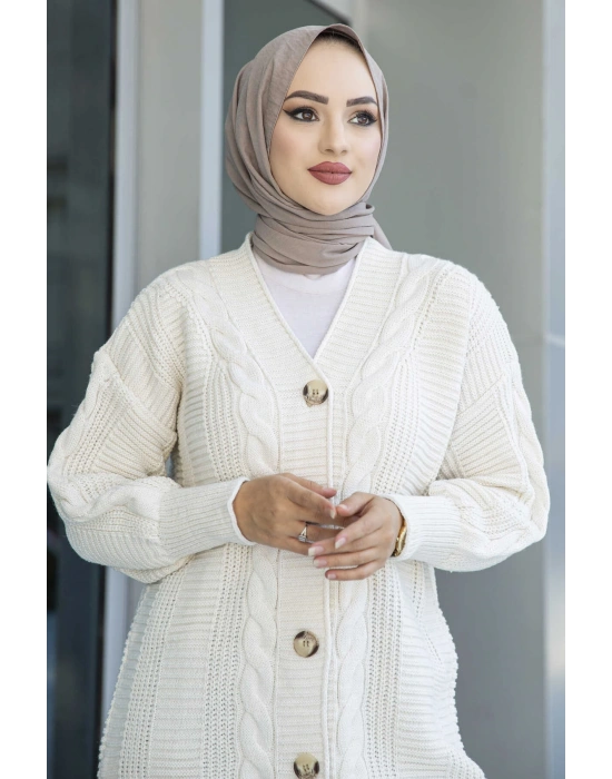 Lugmo Kadın Triko Hırka Taşlı Standart Beden Ekru