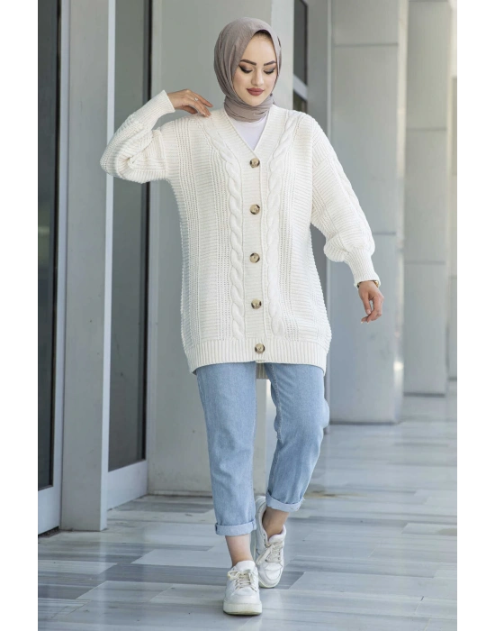 Lugmo Kadın Triko Hırka Taşlı Standart Beden Ekru