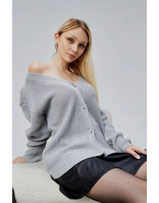 Lugmo Kadın Triko Hırka Taşlı Standart Beden Gri