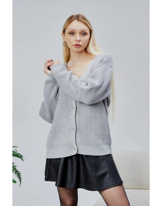 Lugmo Kadın Triko Hırka Taşlı Standart Beden Gri