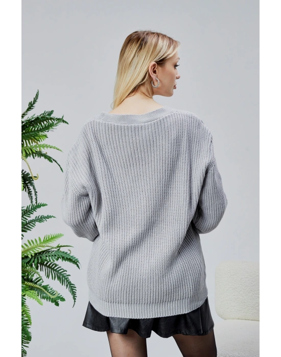 Lugmo Kadın Triko Hırka Taşlı Standart Beden Gri