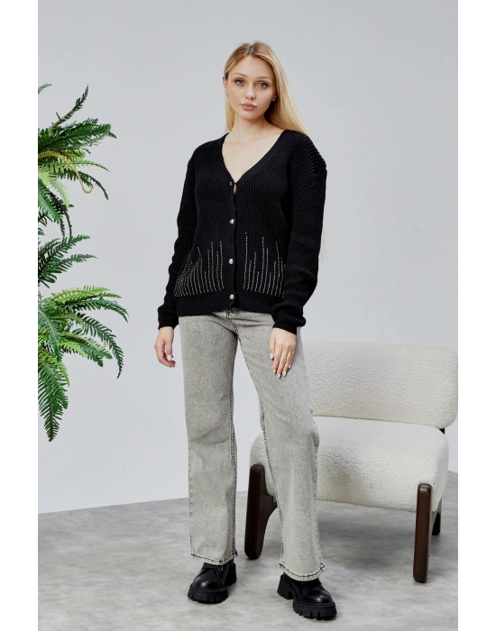 Lugmo Kadın Triko Hırka Taşlı Standart Beden Siyah