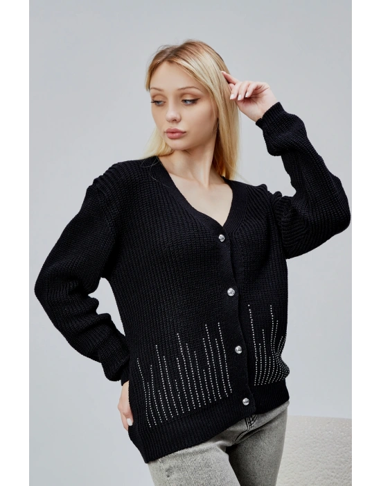 Lugmo Kadın Triko Hırka Taşlı Standart Beden Siyah