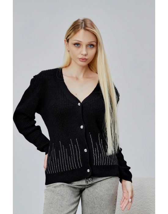 Lugmo Kadın Triko Hırka Taşlı Standart Beden Siyah