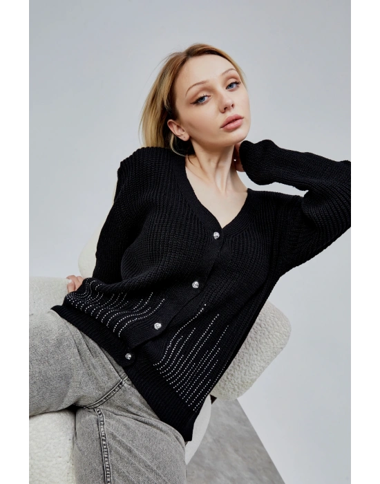 Lugmo Kadın Triko Hırka Taşlı Standart Beden Siyah