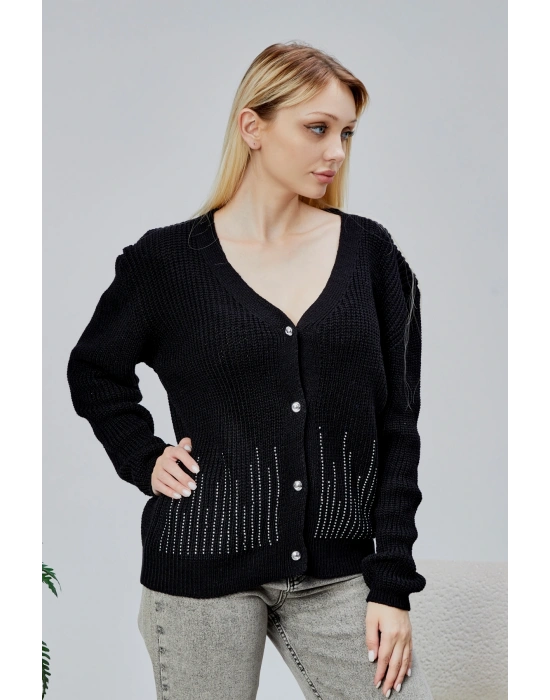 Lugmo Kadın Triko Hırka Taşlı Standart Beden Siyah