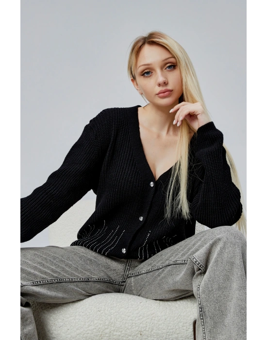 Lugmo Kadın Triko Hırka Taşlı Standart Beden Siyah