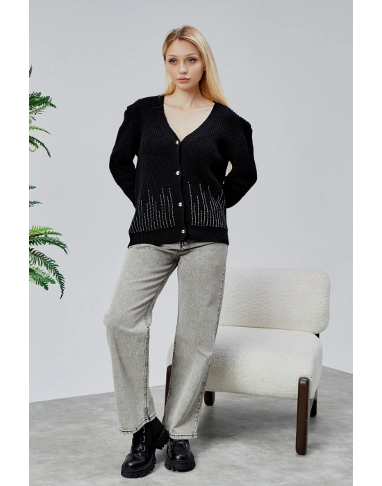 Lugmo Kadın Triko Hırka Taşlı Standart Beden Siyah