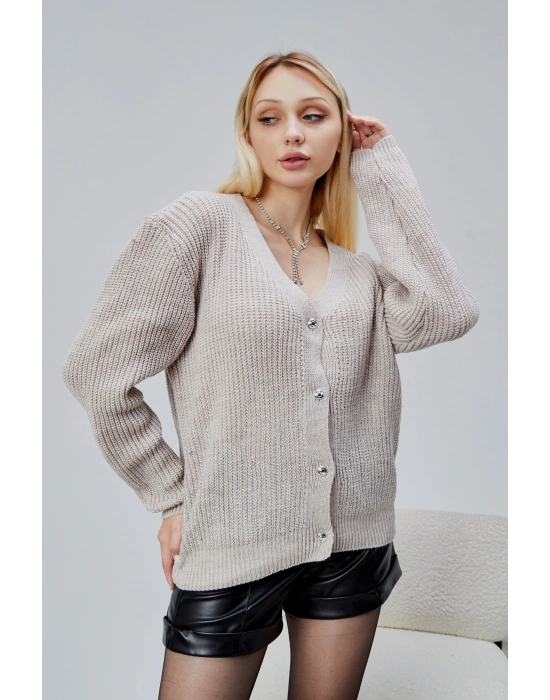 Lugmo Kadın Triko Hırka Taşlı Standart Beden Taş