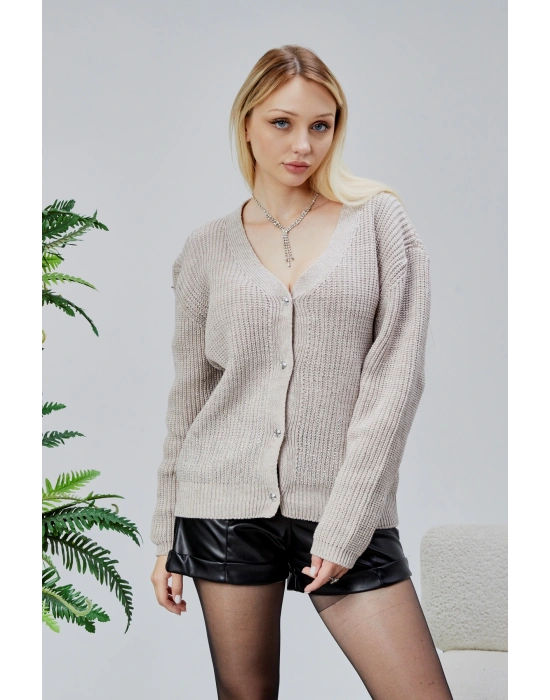 Lugmo Kadın Triko Hırka Taşlı Standart Beden Taş