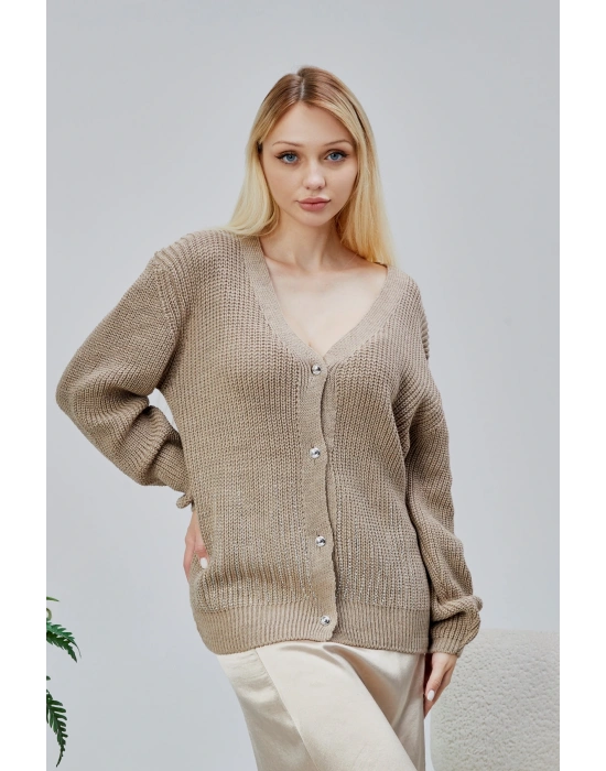 Lugmo Kadın Triko Hırka Taşlı Standart Beden Vizon