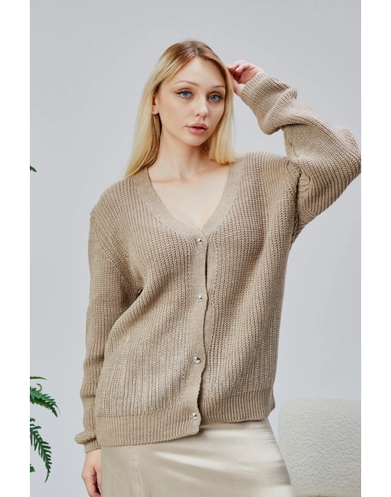 Lugmo Kadın Triko Hırka Taşlı Standart Beden Vizon