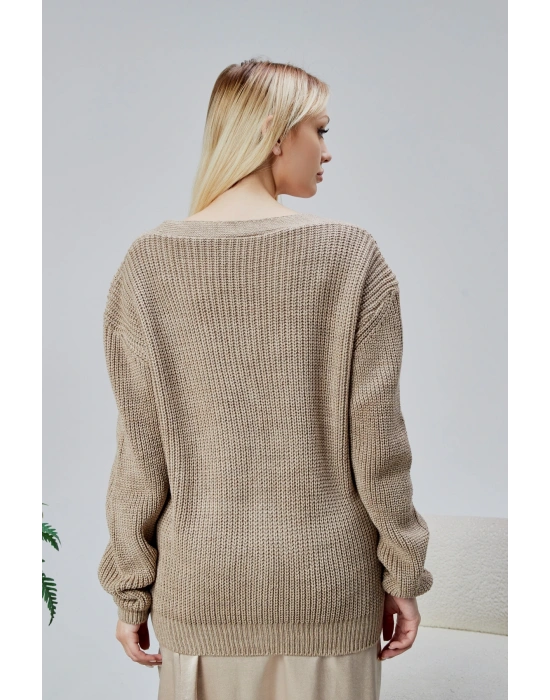 Lugmo Kadın Triko Hırka Taşlı Standart Beden Vizon