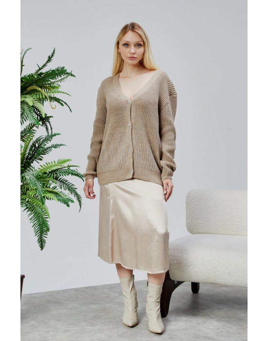 Lugmo Kadın Triko Hırka Taşlı Standart Beden Vizon