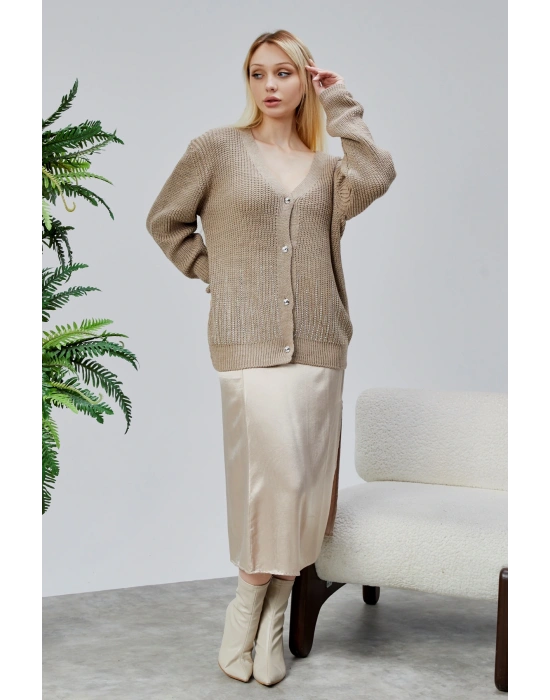 Lugmo Kadın Triko Hırka Taşlı Standart Beden Vizon