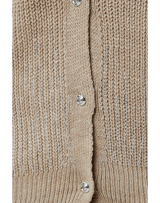 Lugmo Kadın Triko Hırka Taşlı Standart Beden Vizon