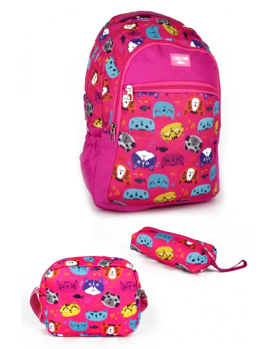 Lugmo Ortaokul Çanta Seti Kız Çocuk Çantası Yıkanabilir Kedili Pembe