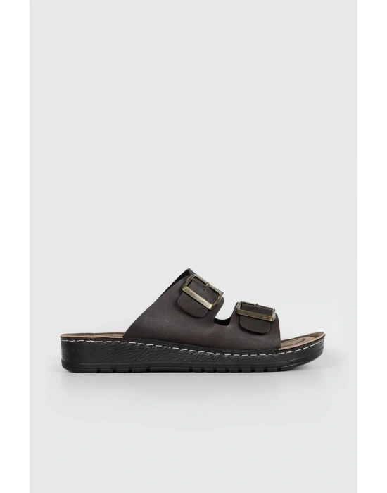 Lugmo Suni Deri Eva Terlik Dikişli Metal Çift Tokalı Erkek Konfort Hafif Kaymaz Taban Kahverengi