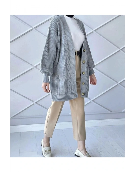 Kadın Kışlık Saç Örgü Kısa Triko Hırka Gri