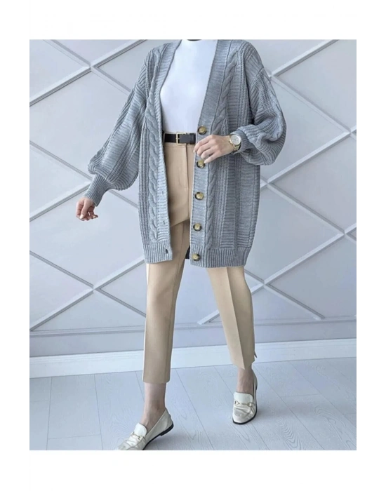 Kadın Kışlık Saç Örgü Kısa Triko Hırka Gri