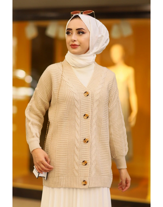 Oversize Kadın Tesettür Triko Hırka Taş