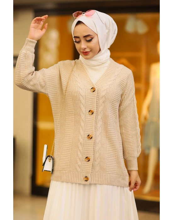 Oversize Kadın Tesettür Triko Hırka Taş