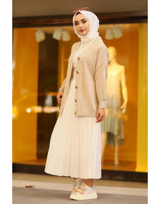 Oversize Kadın Tesettür Triko Hırka Taş