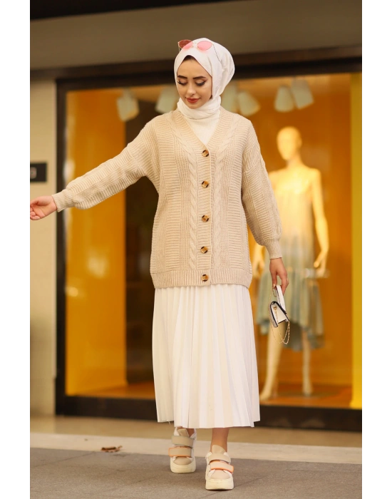 Oversize Kadın Tesettür Triko Hırka Taş