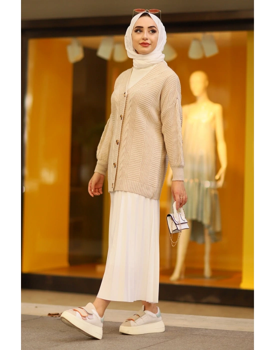 Oversize Kadın Tesettür Triko Hırka Taş