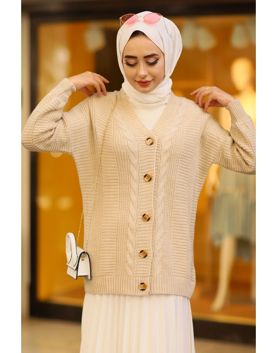 Oversize Kadın Tesettür Triko Hırka Taş