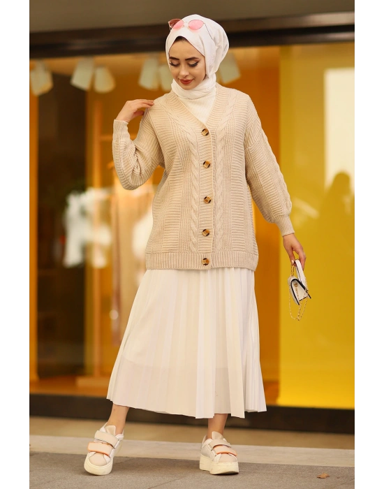 Oversize Kadın Tesettür Triko Hırka Taş