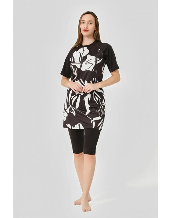 Patchwork Reglan Yarım Kol Yarı Kapalı Mayo Dlx-24707