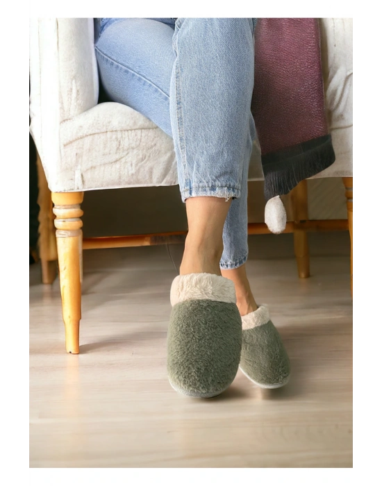 PELÜŞ KAYMAZ TABAN KIŞLIK EV TERLİK Pelüş Kaymaz Taban Kşlık Terlik Pastel Yeşil