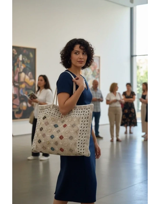 Plaj Jüt Dokuma Fermuarlı Kadın Omuz Çantası 50×40 cm