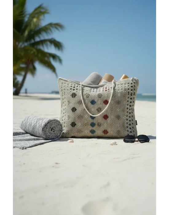 Plaj Jüt Dokuma Fermuarlı Kadın Omuz Çantası 50×40 cm