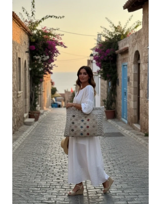 Plaj Jüt Dokuma Fermuarlı Kadın Omuz Çantası 50×40 cm