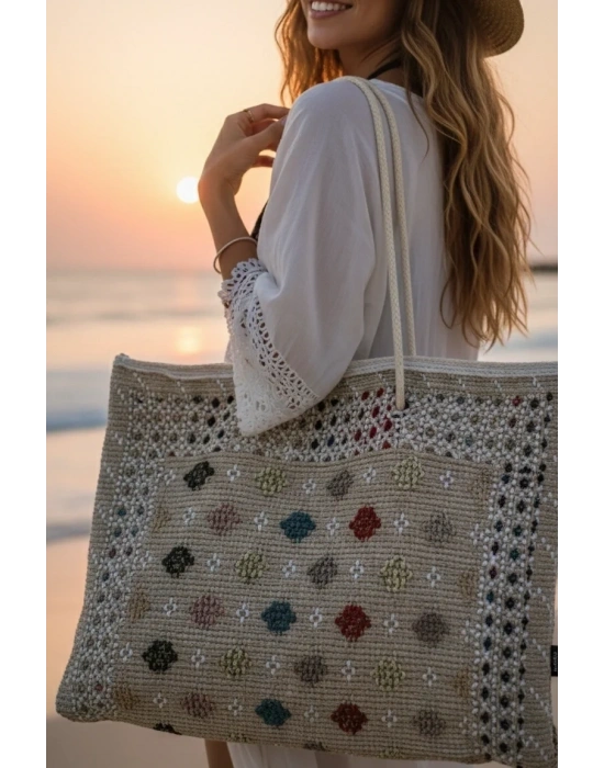 Plaj Jüt Dokuma Fermuarlı Kadın Omuz Çantası 50×40 cm