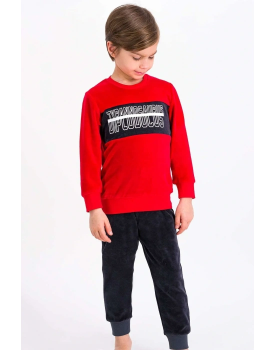 Rolypoly Tyrannosaurus Kırmızı Erkek Çocuk Kadife Eşofman Takımı